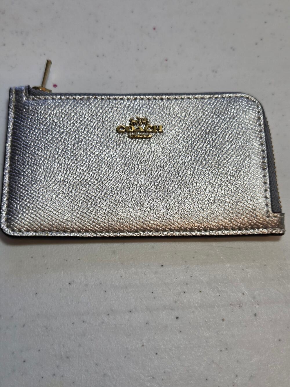 Coach Metallic Silver Leather Zip Card Case Coin Purse Wallet